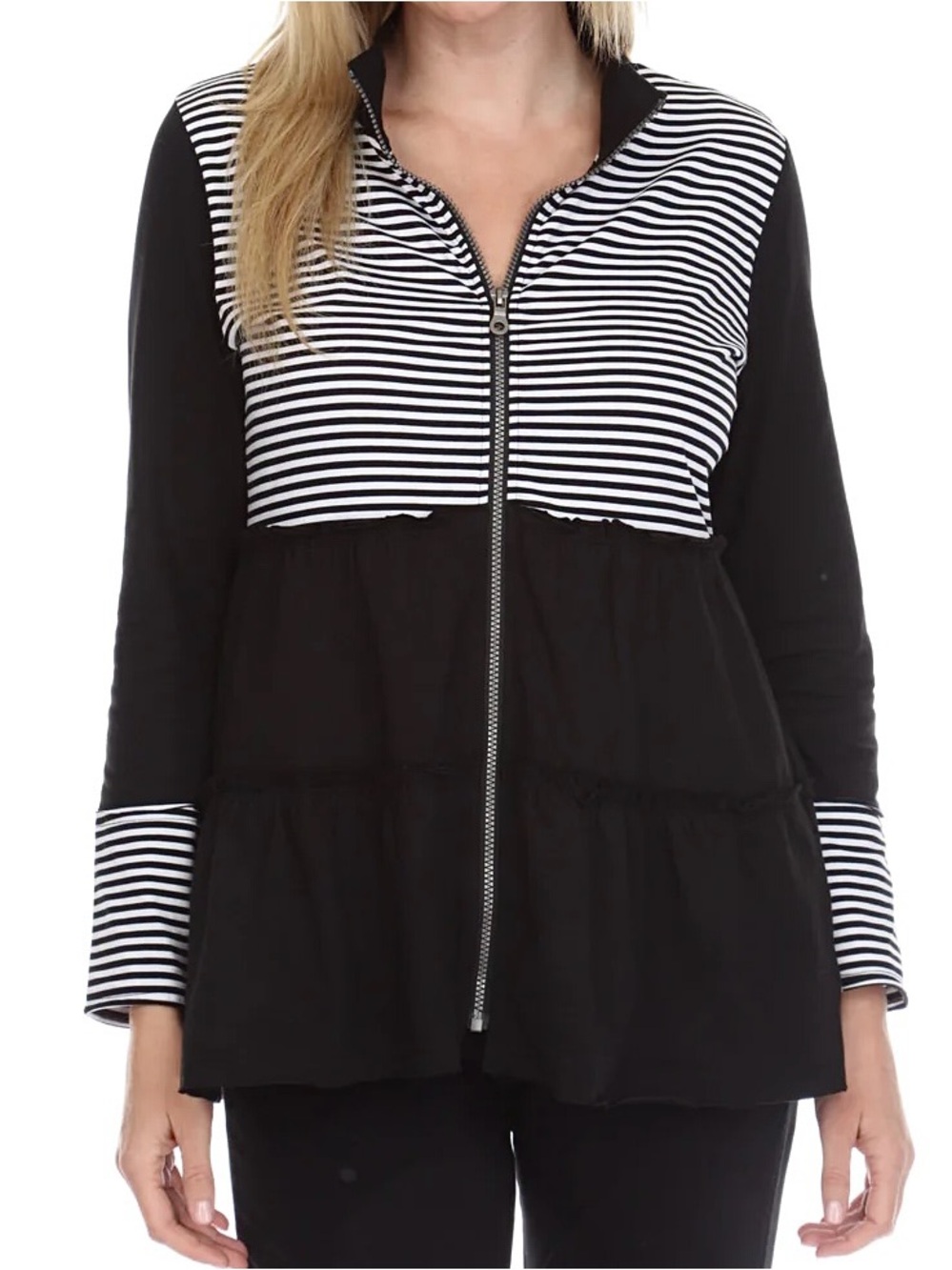 Neon Buddha black white stripes front row tiered ruffle zip up jacket pockets XS